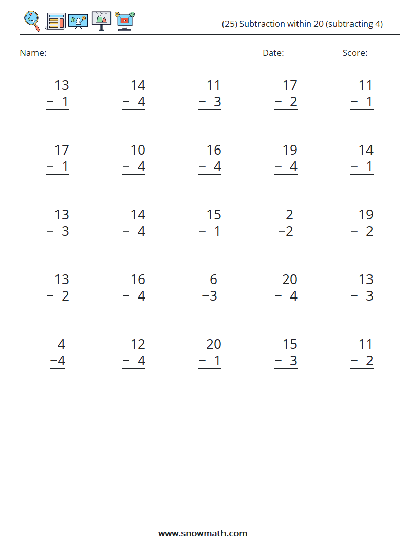 (25) Subtraction within 20 (subtracting 4) Math Worksheets 10