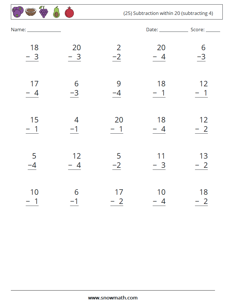 (25) Subtraction within 20 (subtracting 4) Math Worksheets 11