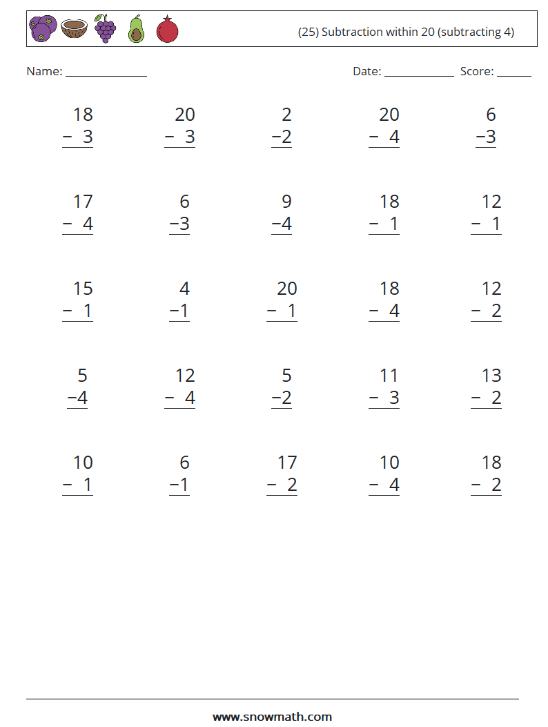 (25) Subtraction within 20 (subtracting 4) Maths Worksheets 11