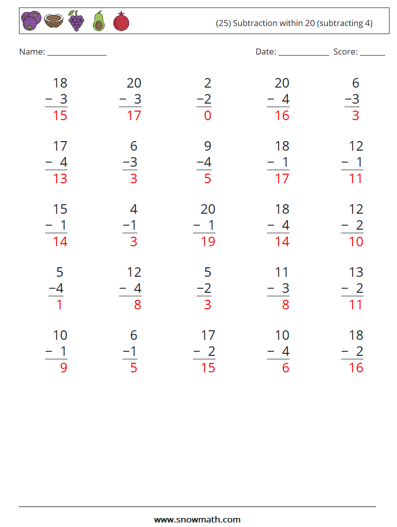 (25) Subtraction within 20 (subtracting 4) Math Worksheets 11 Question, Answer