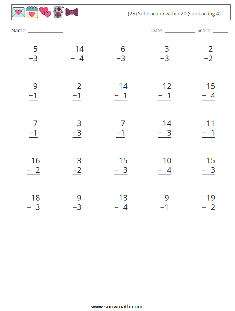 (25) Subtraction within 20 (subtracting 4) Math Worksheets 12