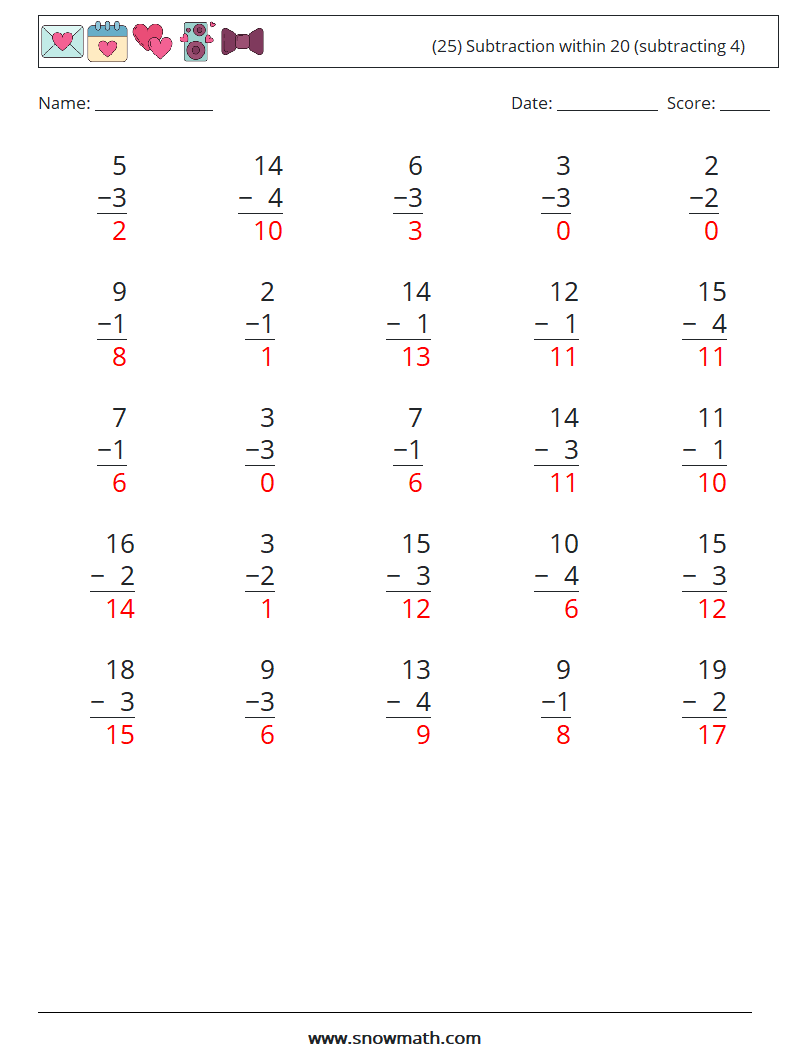 (25) Subtraction within 20 (subtracting 4) Math Worksheets 12 Question, Answer