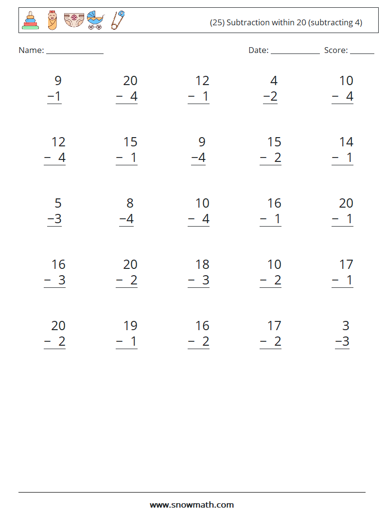 (25) Subtraction within 20 (subtracting 4) Math Worksheets 13