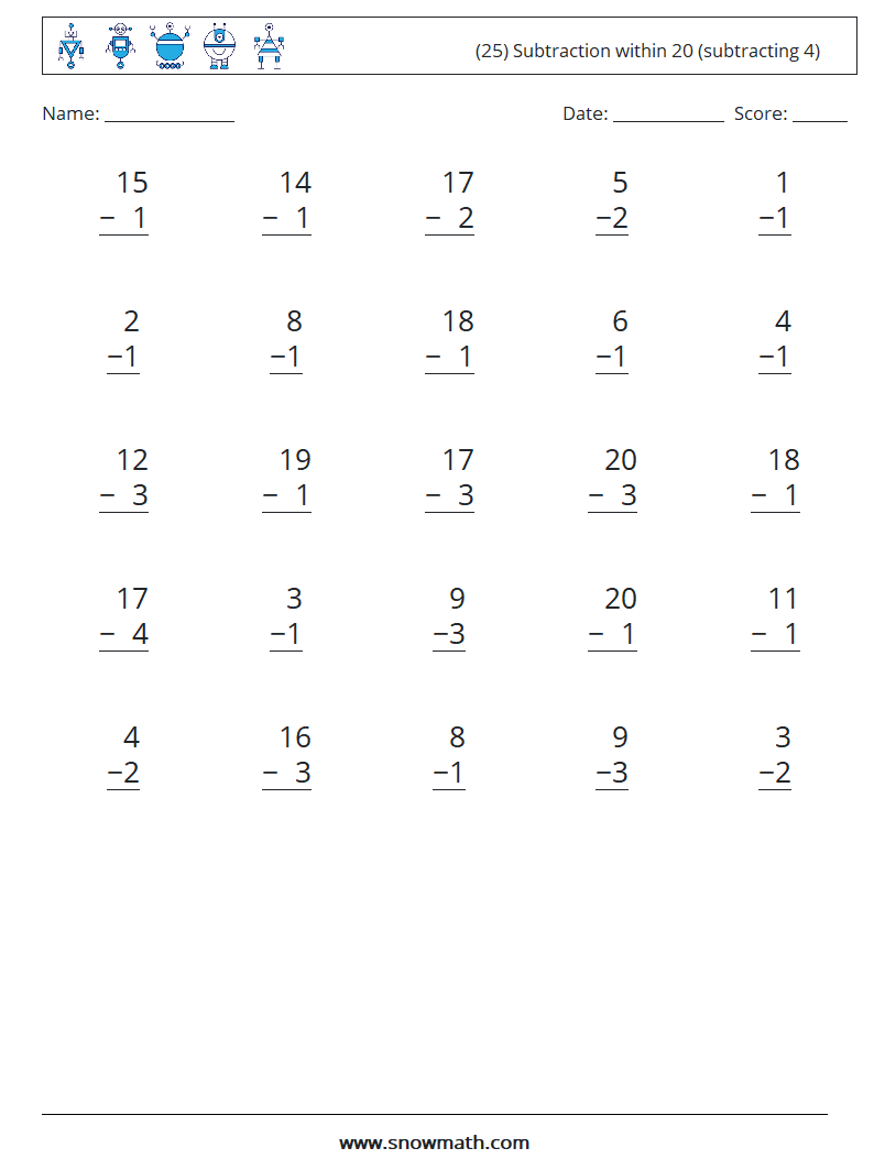 (25) Subtraction within 20 (subtracting 4) Math Worksheets 14