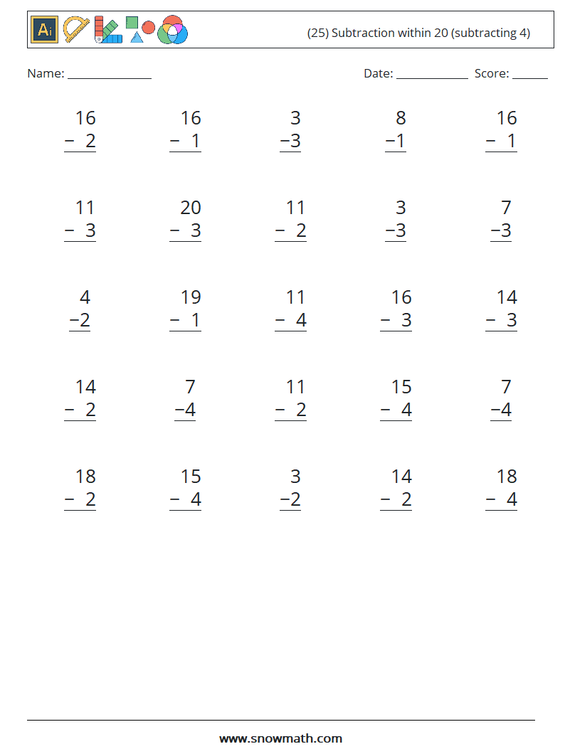 (25) Subtraction within 20 (subtracting 4) Math Worksheets 15