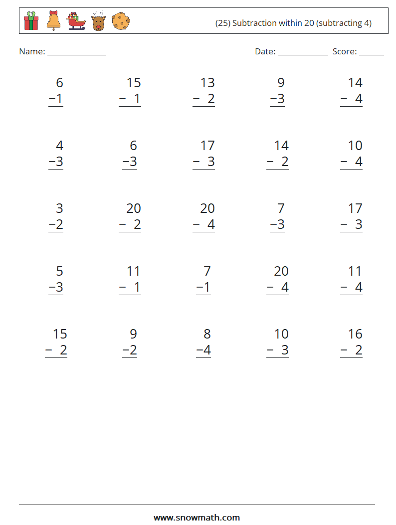 (25) Subtraction within 20 (subtracting 4) Math Worksheets 17