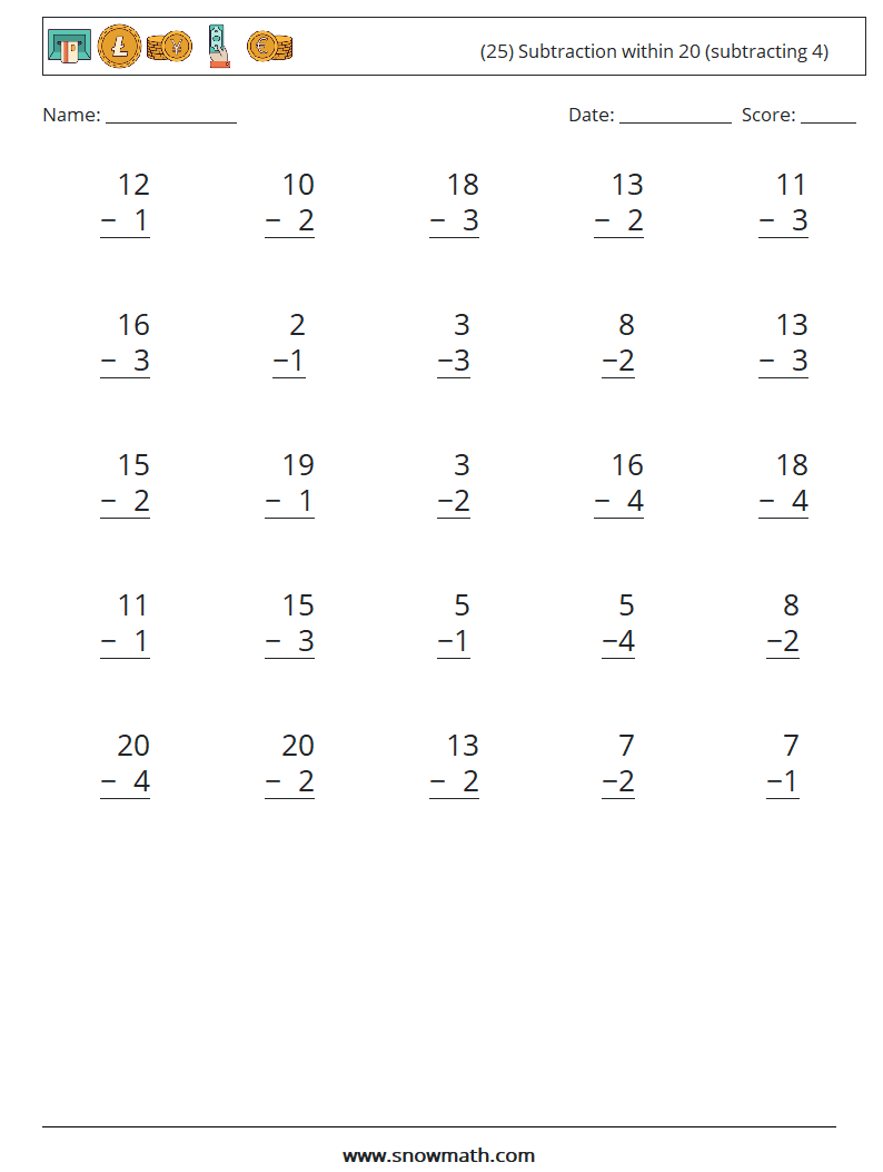 (25) Subtraction within 20 (subtracting 4) Math Worksheets 18