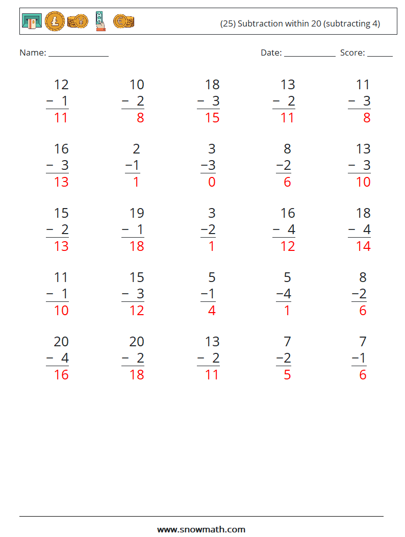 (25) Subtraction within 20 (subtracting 4) Math Worksheets 18 Question, Answer