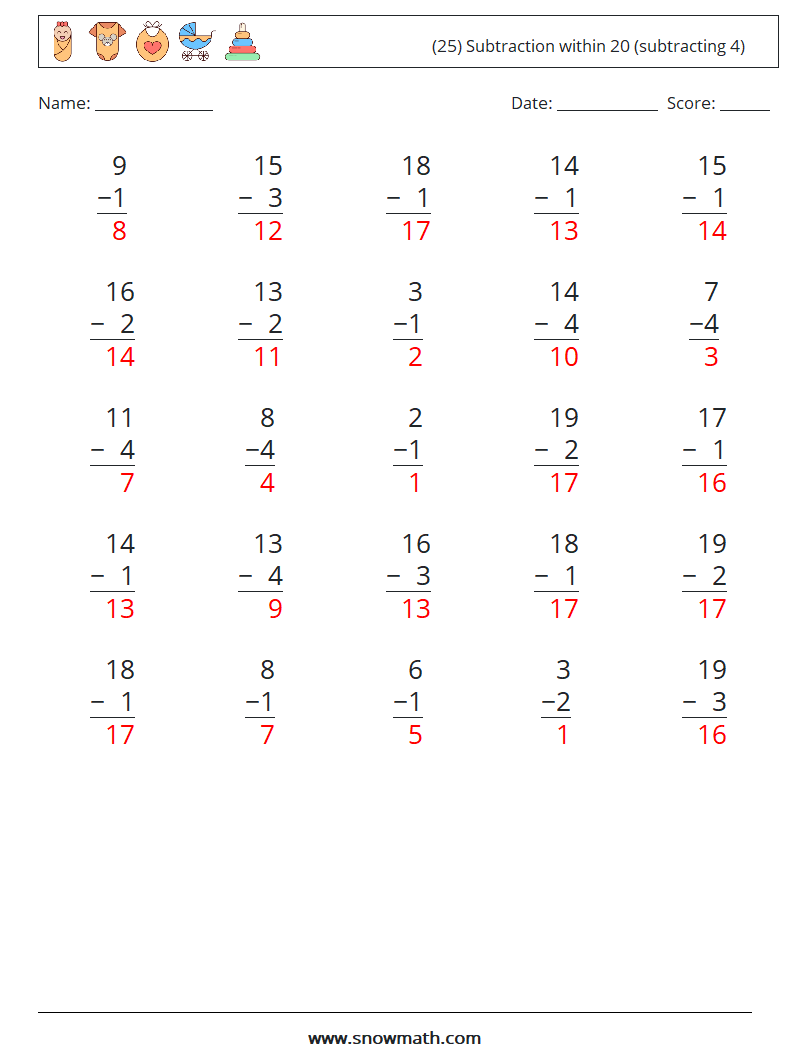 (25) Subtraction within 20 (subtracting 4) Math Worksheets 1 Question, Answer