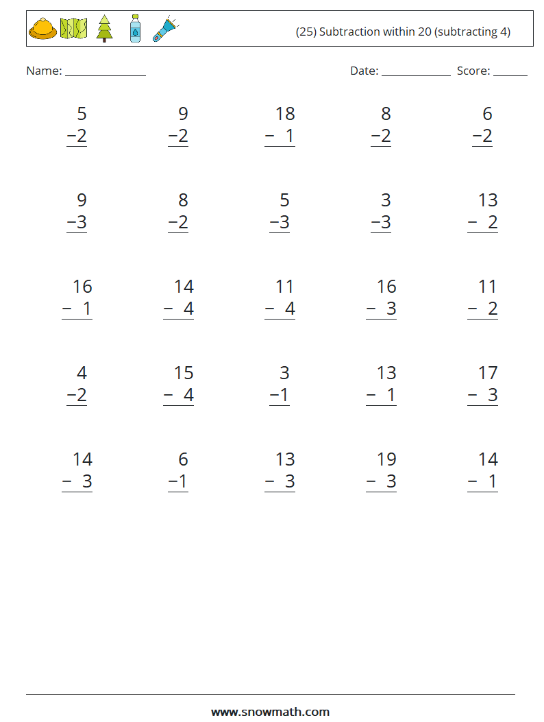 (25) Subtraction within 20 (subtracting 4) Maths Worksheets 2