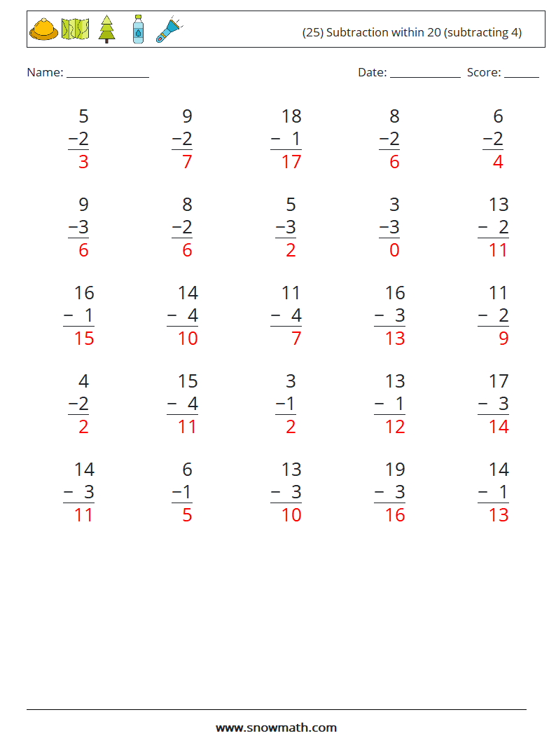 (25) Subtraction within 20 (subtracting 4) Math Worksheets 2 Question, Answer