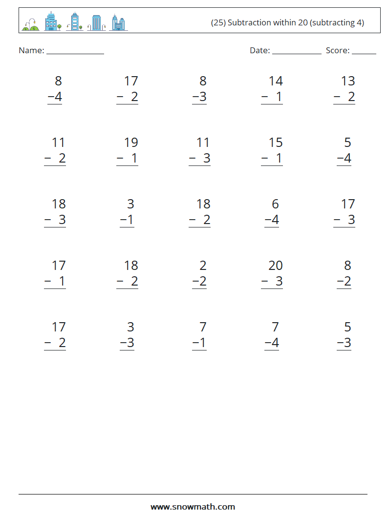 (25) Subtraction within 20 (subtracting 4) Math Worksheets 4