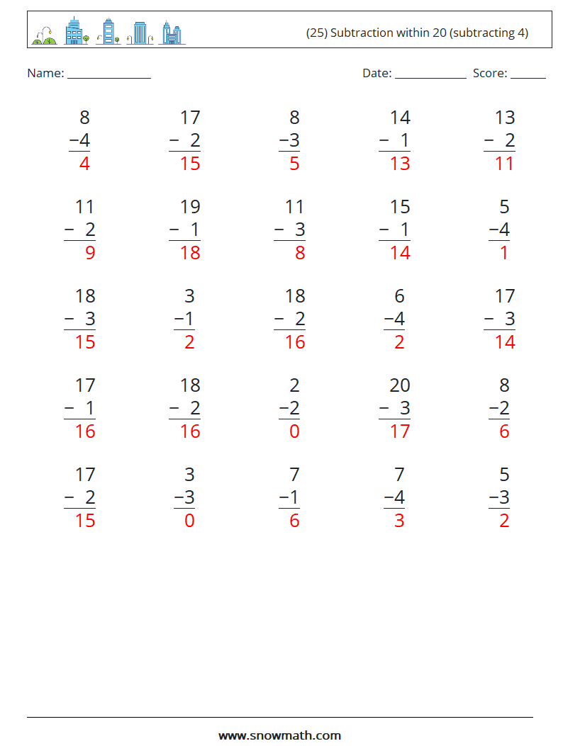 (25) Subtraction within 20 (subtracting 4) Math Worksheets 4 Question, Answer