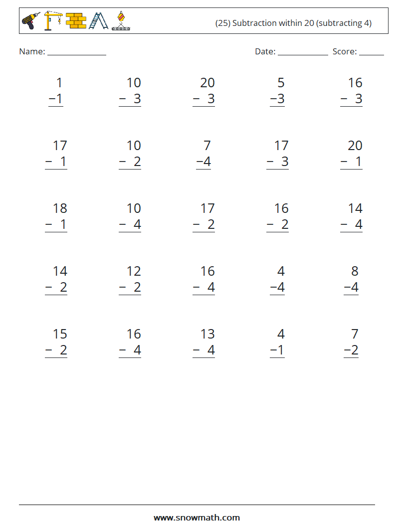 (25) Subtraction within 20 (subtracting 4) Math Worksheets 5