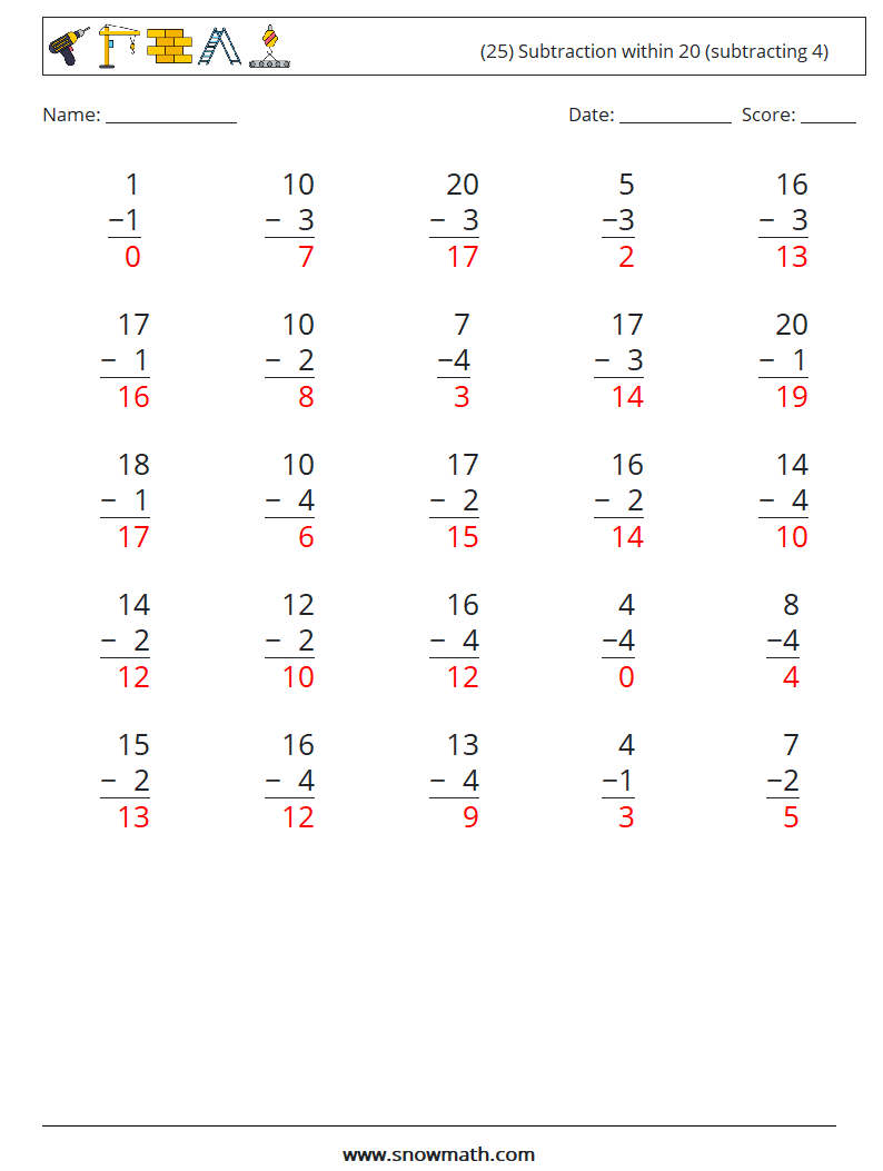 (25) Subtraction within 20 (subtracting 4) Math Worksheets 5 Question, Answer