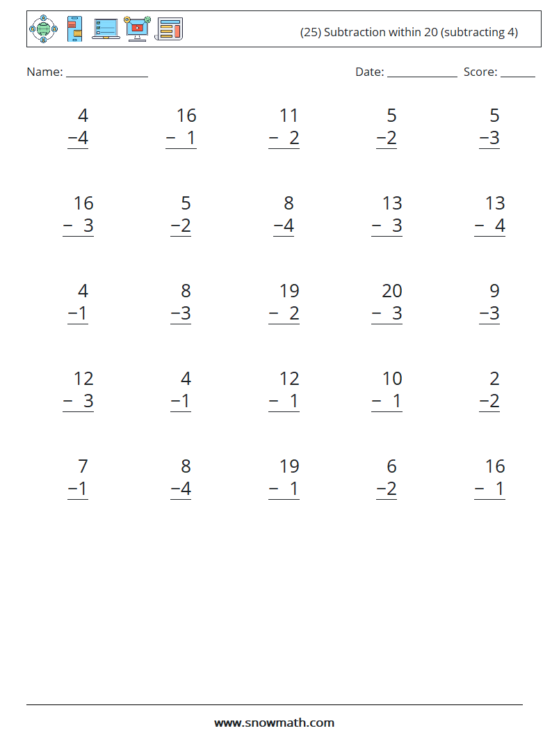 (25) Subtraction within 20 (subtracting 4) Math Worksheets 6