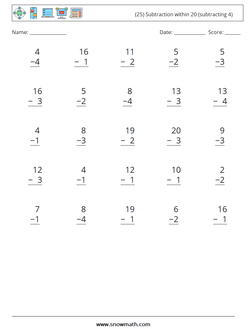 (25) Subtraction within 20 (subtracting 4) Maths Worksheets 6