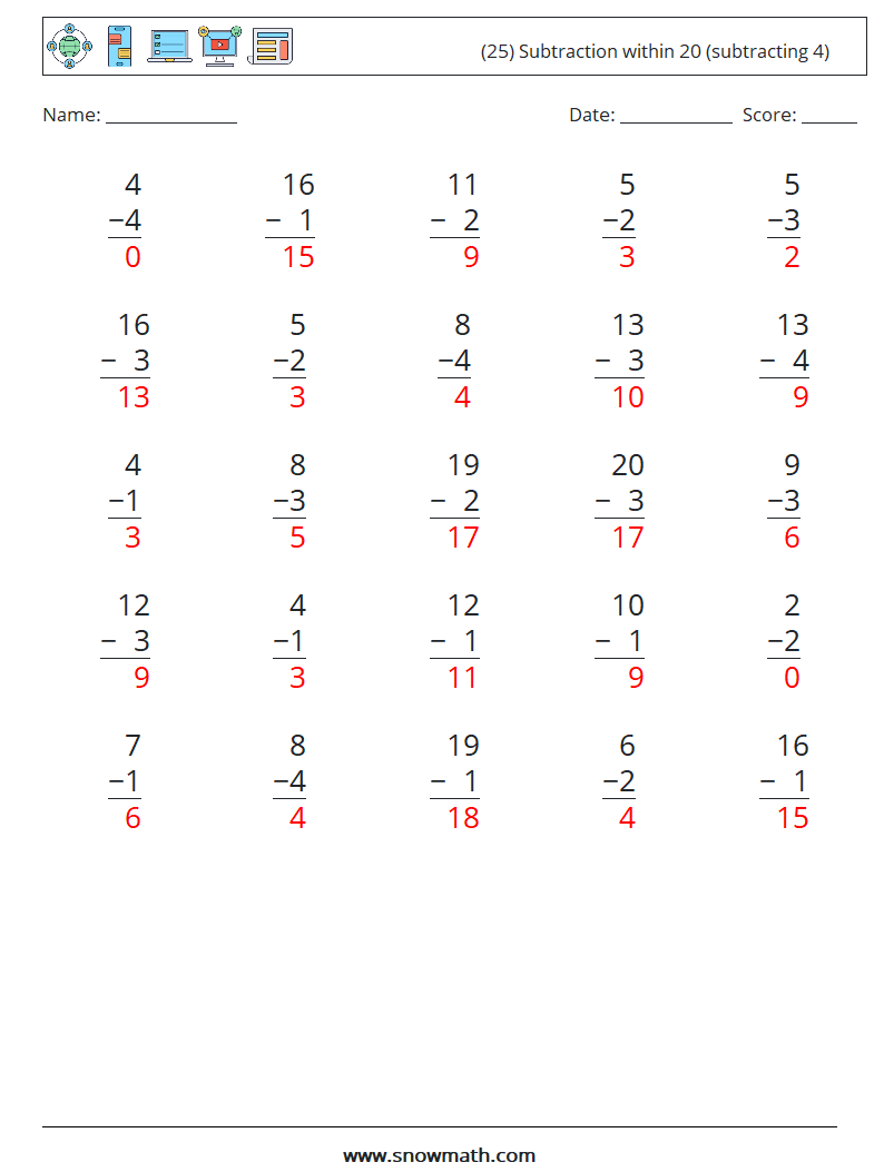 (25) Subtraction within 20 (subtracting 4) Math Worksheets 6 Question, Answer