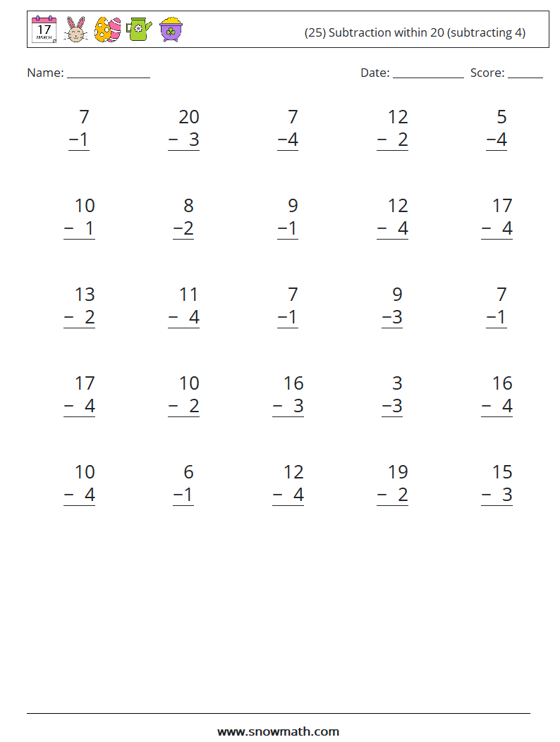 (25) Subtraction within 20 (subtracting 4) Math Worksheets 7