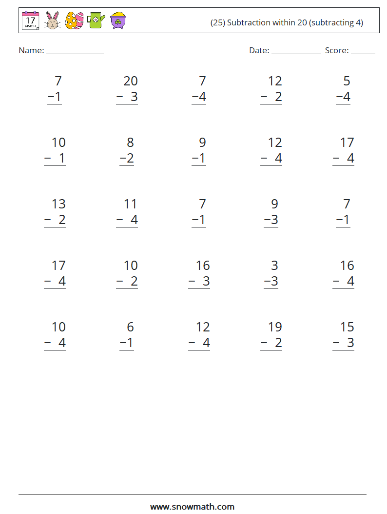 (25) Subtraction within 20 (subtracting 4) Maths Worksheets 7