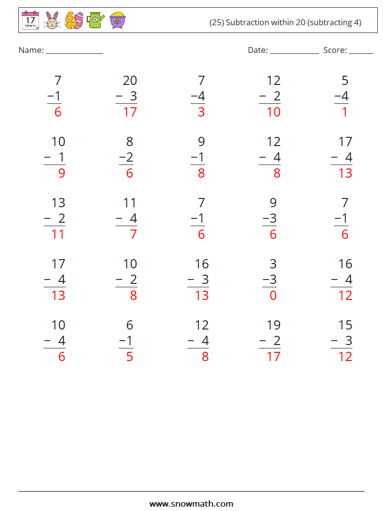 (25) Subtraction within 20 (subtracting 4) Math Worksheets 7 Question, Answer