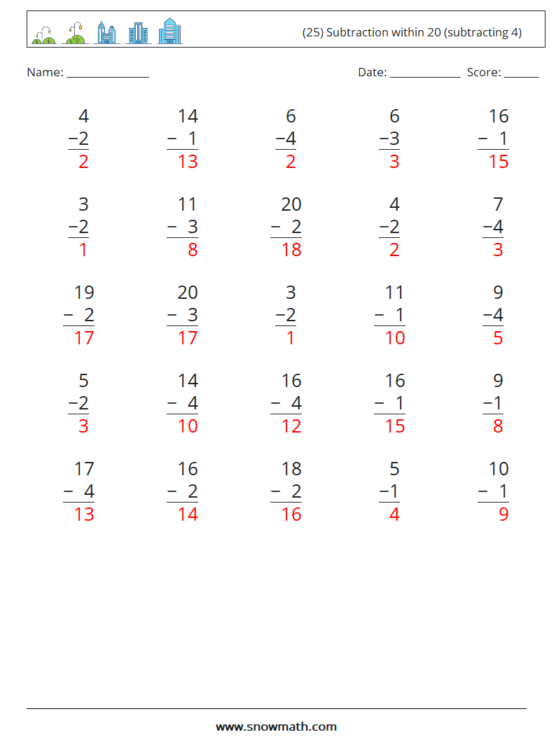 (25) Subtraction within 20 (subtracting 4) Math Worksheets 8 Question, Answer