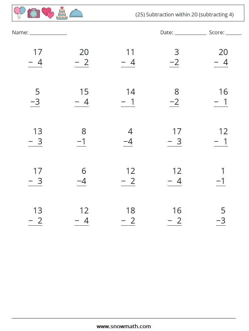 (25) Subtraction within 20 (subtracting 4) Math Worksheets 9