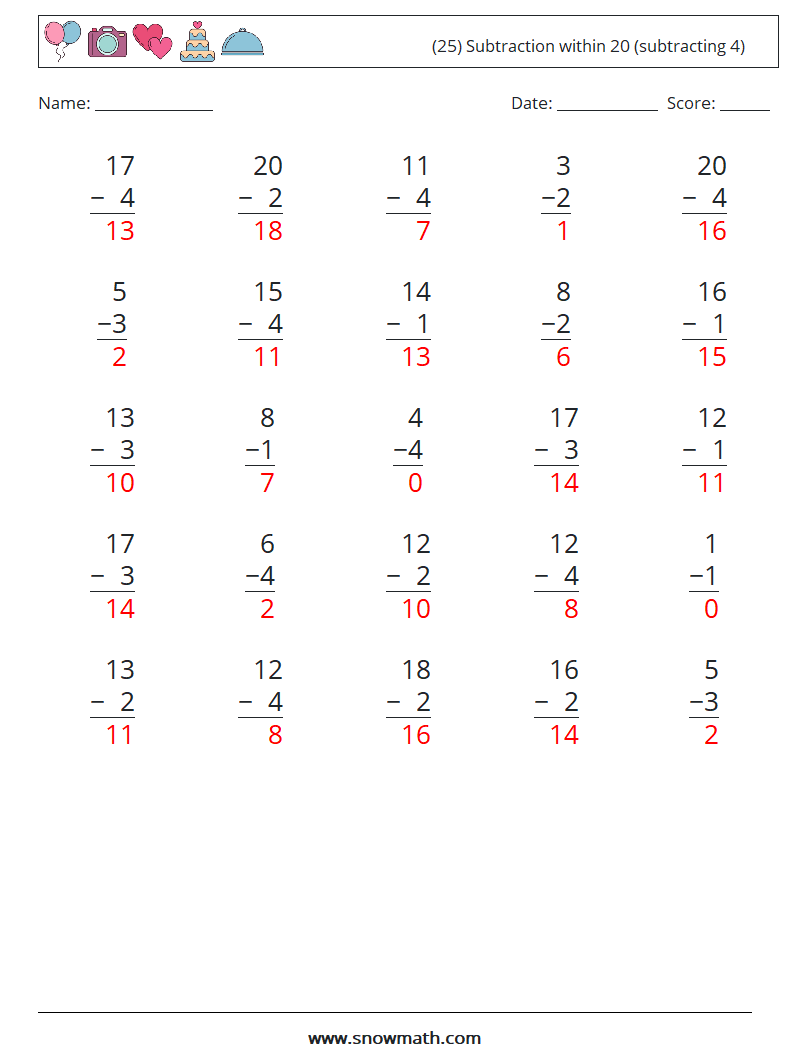 (25) Subtraction within 20 (subtracting 4) Math Worksheets 9 Question, Answer