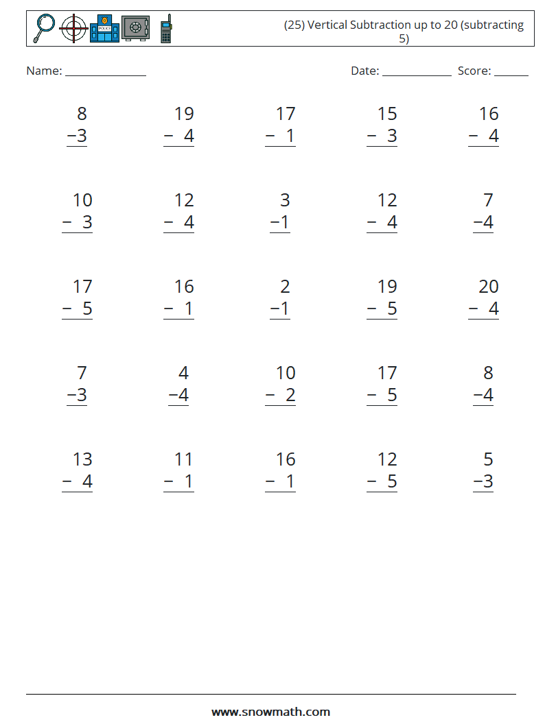 (25) Vertical Subtraction up to 20 (subtracting 5) Maths Worksheets 1