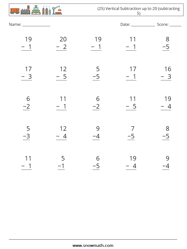 (25) Vertical Subtraction up to 20 (subtracting 5) Maths Worksheets 12