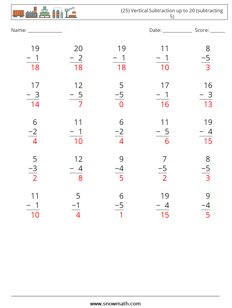 (25) Vertical Subtraction up to 20 (subtracting 5) Math Worksheets 12 Question, Answer