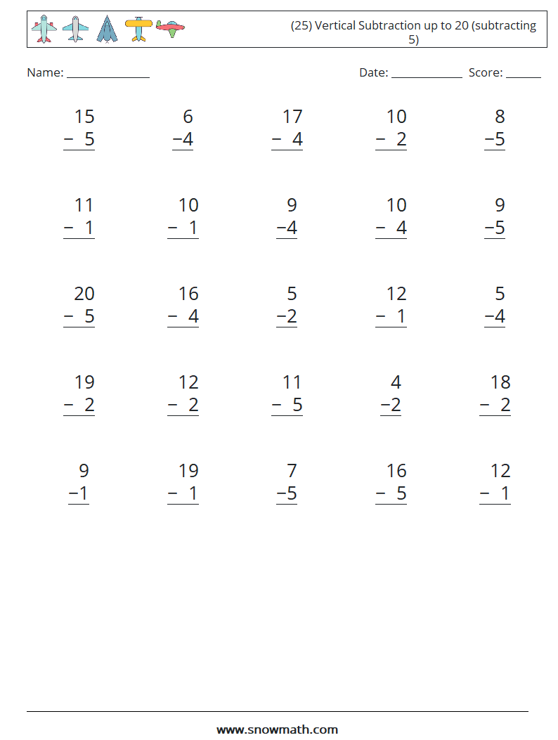 (25) Vertical Subtraction up to 20 (subtracting 5) Math Worksheets 13