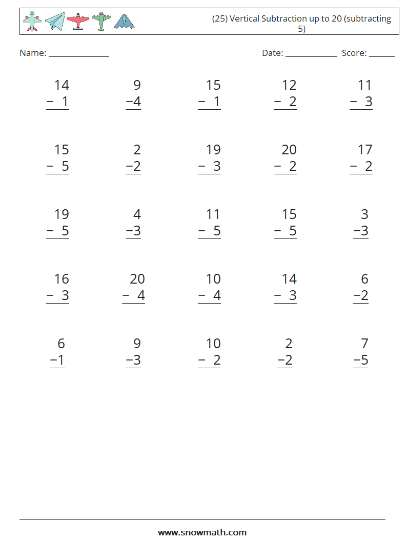 (25) Vertical Subtraction up to 20 (subtracting 5) Math Worksheets 15