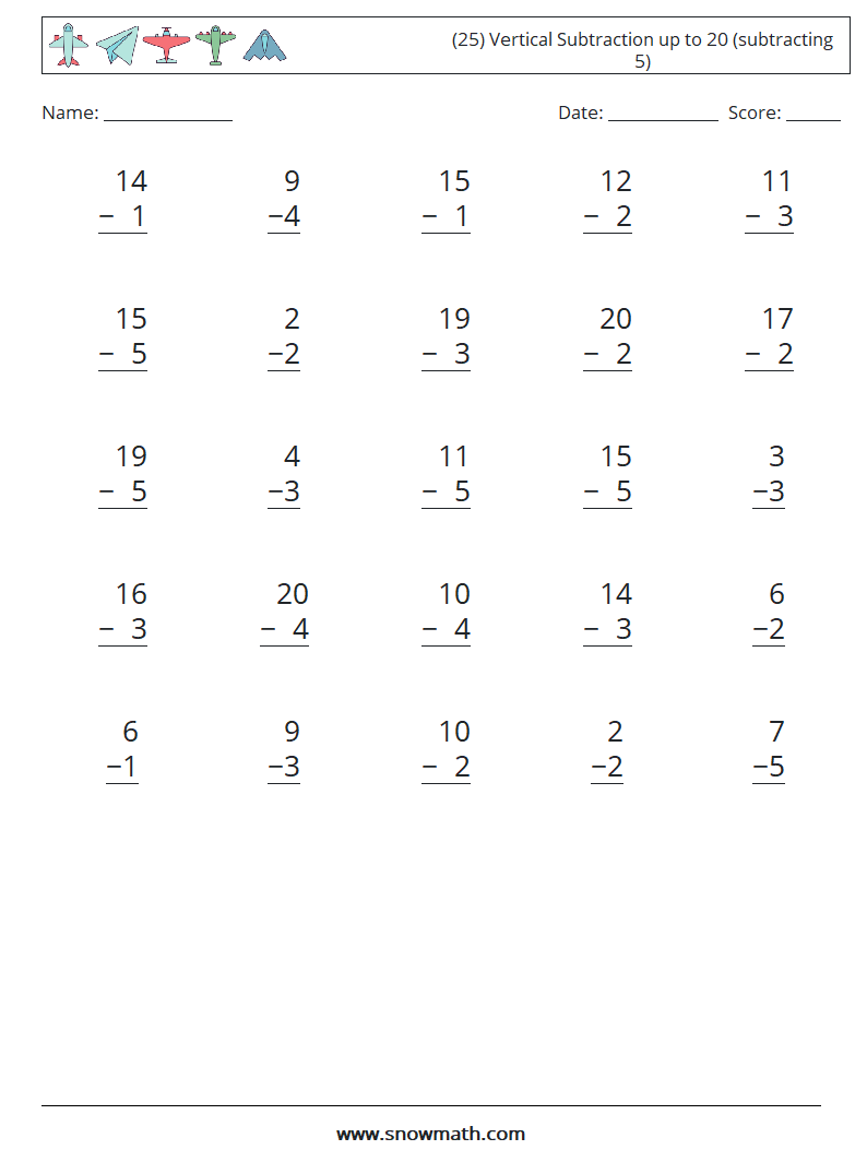 (25) Vertical Subtraction up to 20 (subtracting 5) Maths Worksheets 15