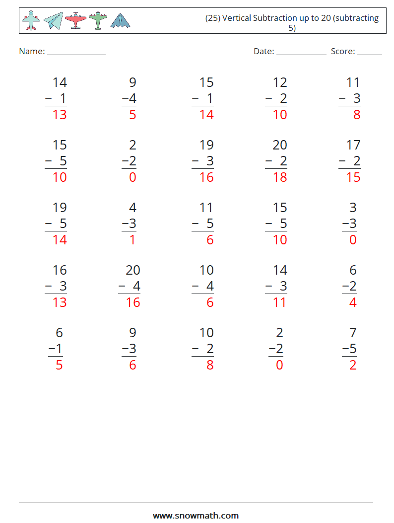 (25) Vertical Subtraction up to 20 (subtracting 5) Math Worksheets 15 Question, Answer