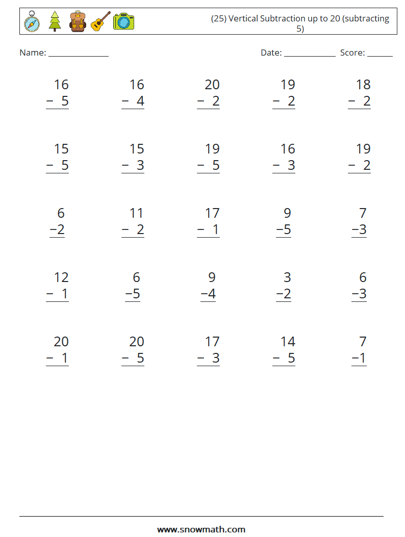(25) Vertical Subtraction up to 20 (subtracting 5) Math Worksheets 16