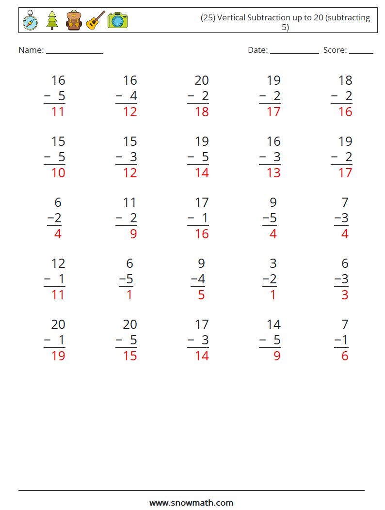 (25) Vertical Subtraction up to 20 (subtracting 5) Math Worksheets 16 Question, Answer