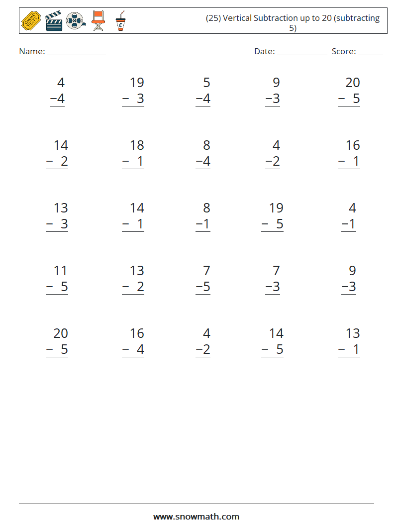 (25) Vertical Subtraction up to 20 (subtracting 5) Maths Worksheets 17