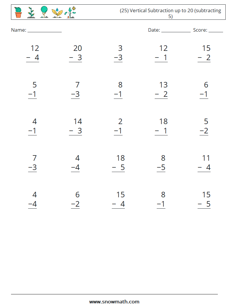 (25) Vertical Subtraction up to 20 (subtracting 5) Math Worksheets 18