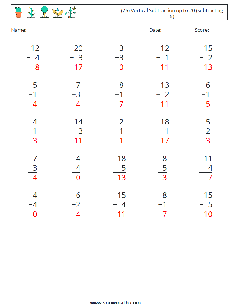 (25) Vertical Subtraction up to 20 (subtracting 5) Math Worksheets 18 Question, Answer