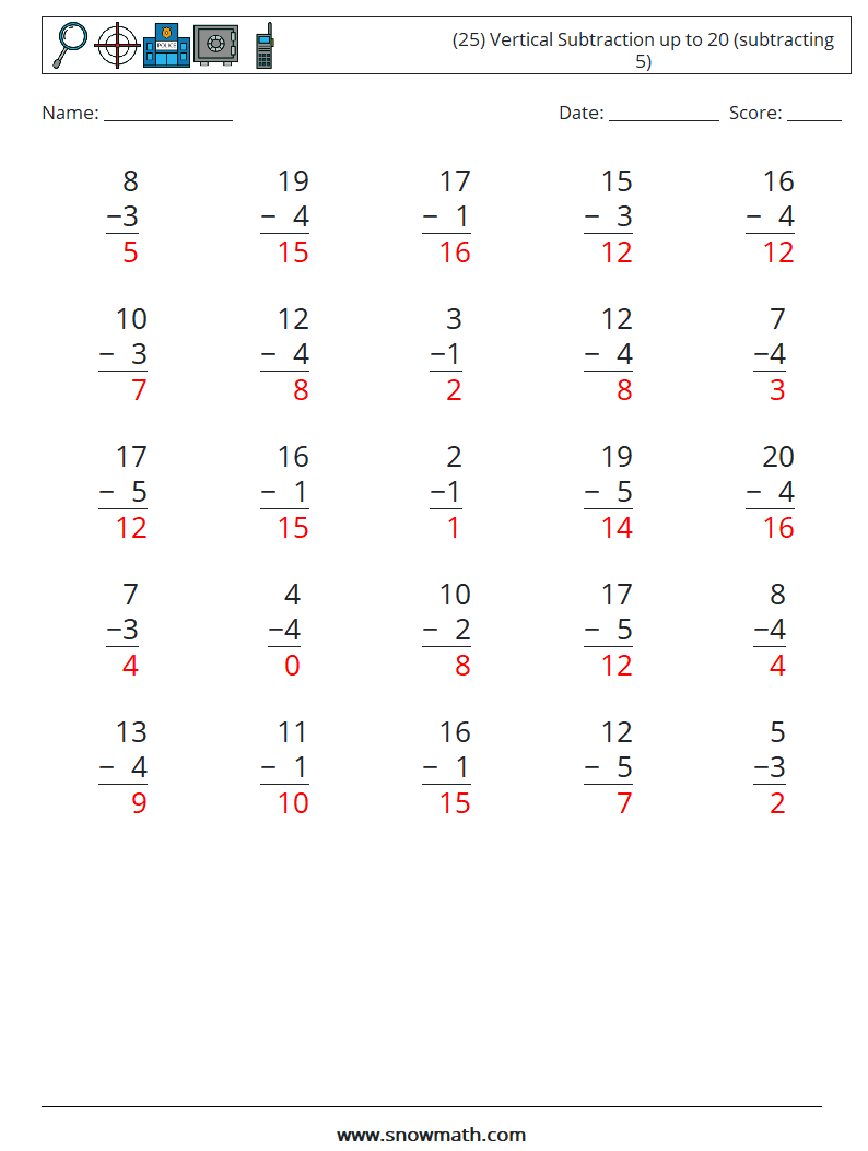 (25) Vertical Subtraction up to 20 (subtracting 5) Math Worksheets 1 Question, Answer