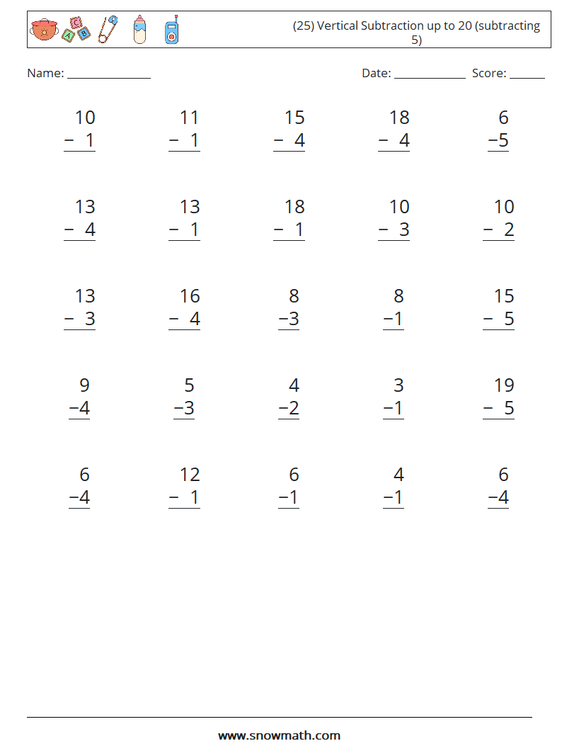 (25) Vertical Subtraction up to 20 (subtracting 5) Maths Worksheets 2