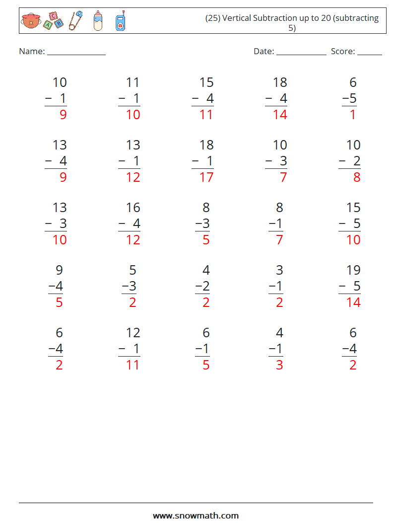 (25) Vertical Subtraction up to 20 (subtracting 5) Math Worksheets 2 Question, Answer