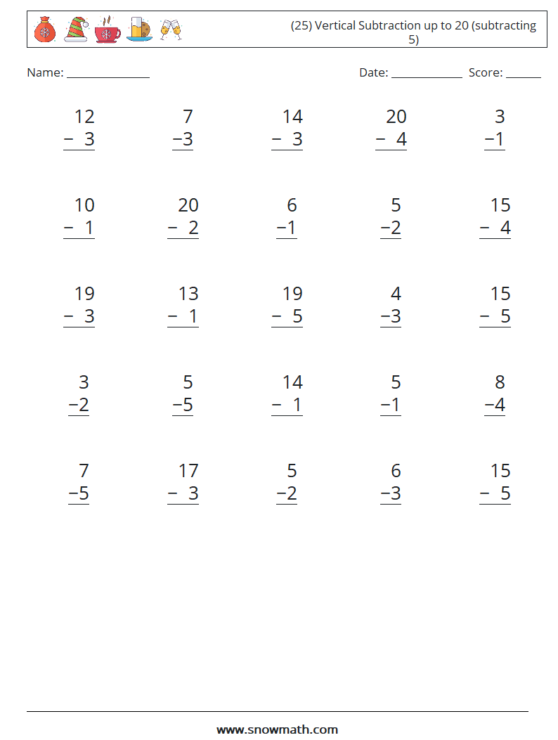 (25) Vertical Subtraction up to 20 (subtracting 5) Maths Worksheets 3