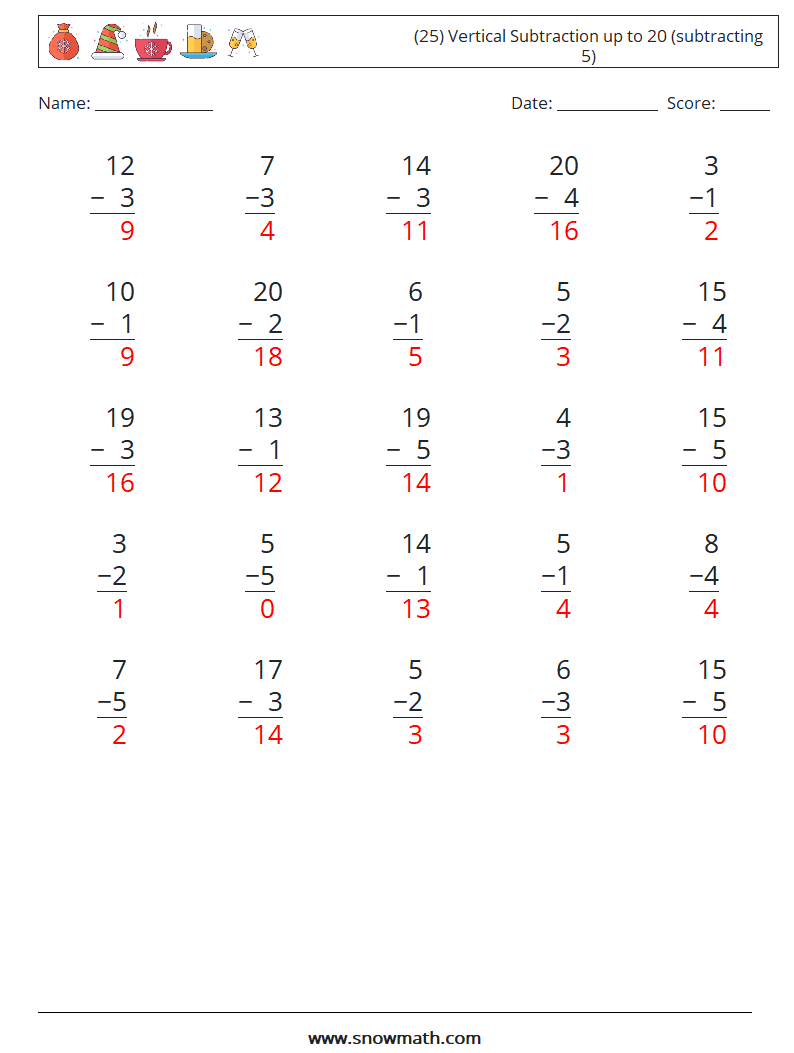 (25) Vertical Subtraction up to 20 (subtracting 5) Math Worksheets 3 Question, Answer