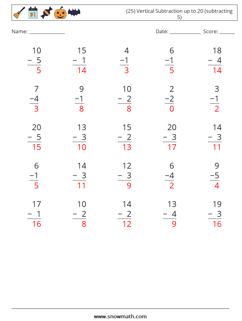 (25) Vertical Subtraction up to 20 (subtracting 5) Math Worksheets 4 Question, Answer