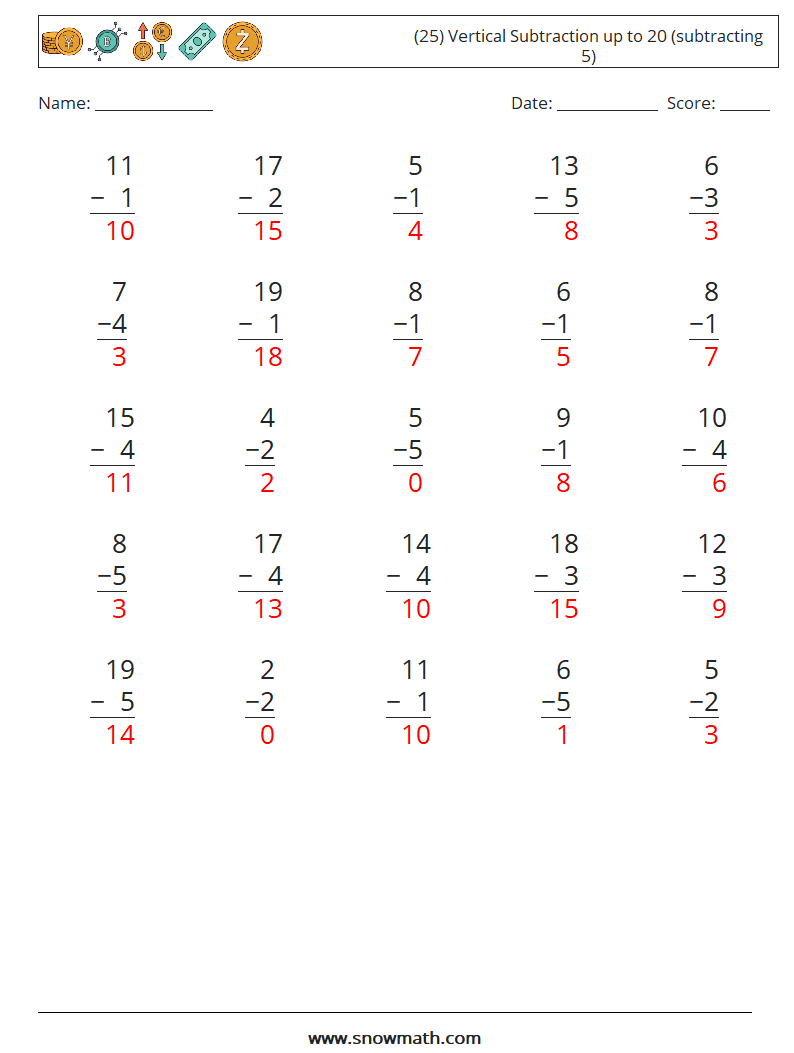 (25) Vertical Subtraction up to 20 (subtracting 5) Math Worksheets 5 Question, Answer