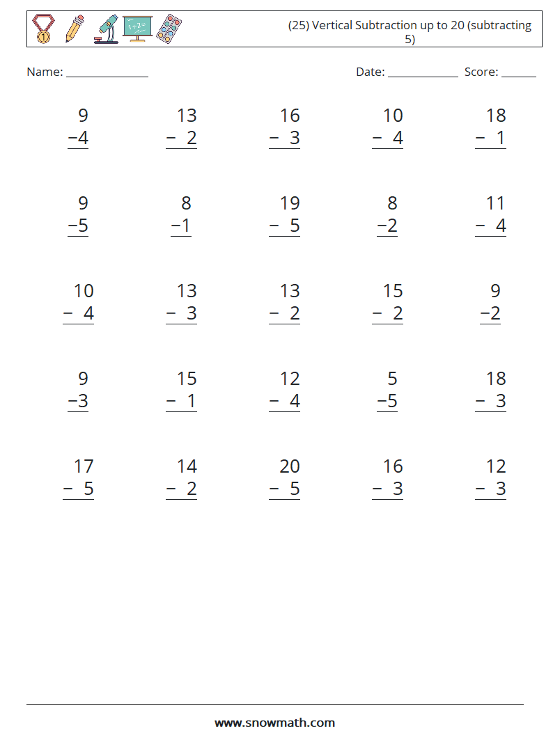 (25) Vertical Subtraction up to 20 (subtracting 5) Math Worksheets 6