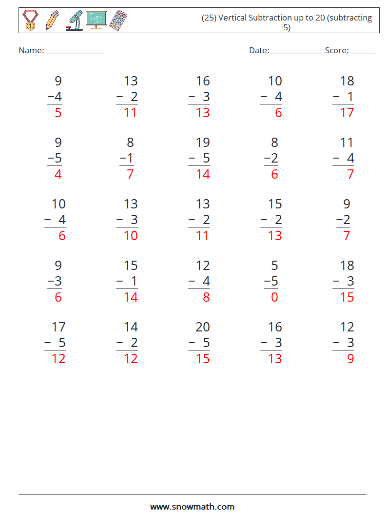 (25) Vertical Subtraction up to 20 (subtracting 5) Math Worksheets 6 Question, Answer