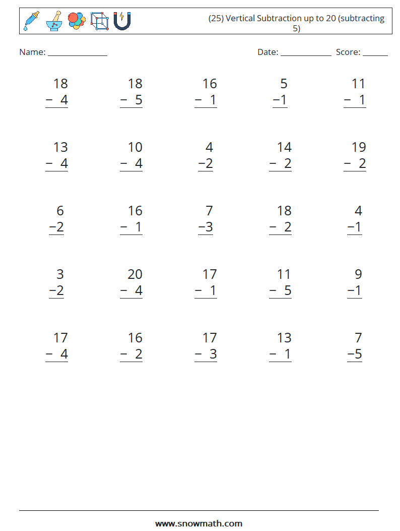 (25) Vertical Subtraction up to 20 (subtracting 5) Maths Worksheets 7